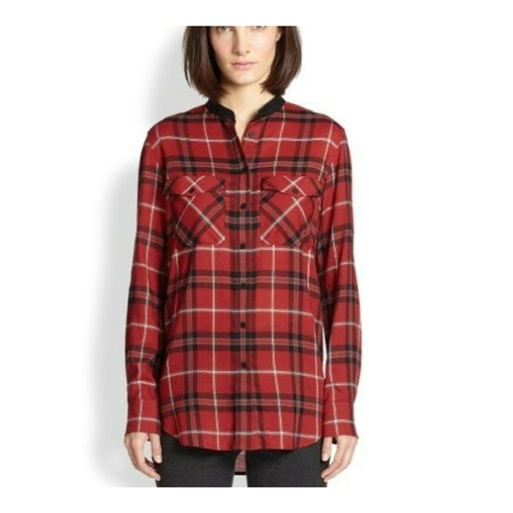 Vince Tops - Vince Plaid Button Front Shirt Lamb Leather Collar Size 6 Red Black Long Sleeves